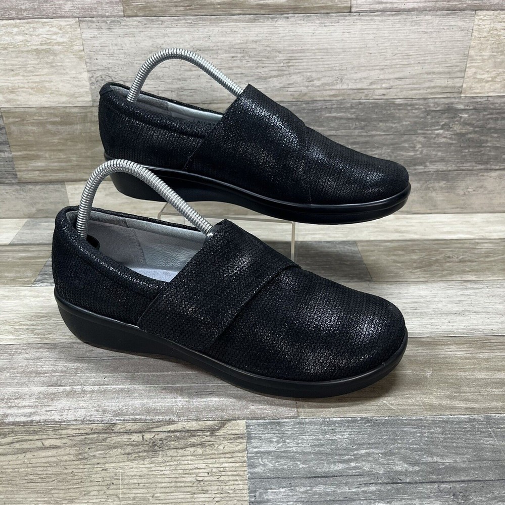 Alegria Lauryn Women's US 10.5-11 EU 41 Shoes Black Weave Leather Wedge Loafers